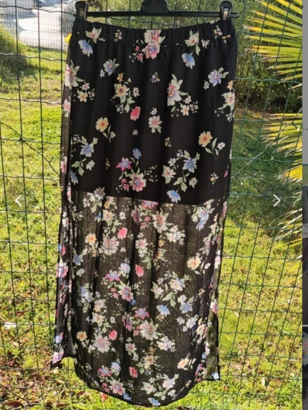 Black Floral Sheer Chiffon Maxi Skirt With Short Lining & Sexy High Slits Size M